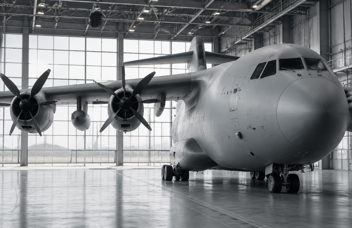 Militärisches Transportflugzeug in einem Hangar